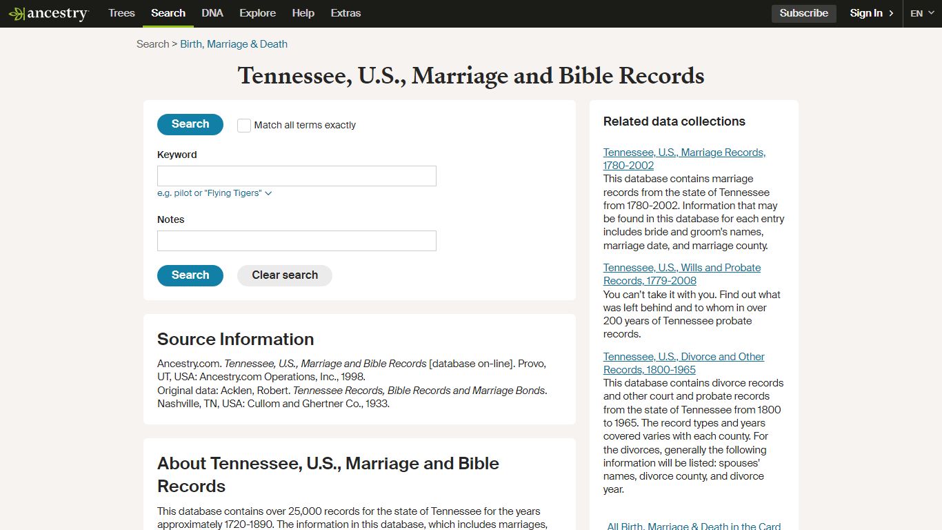 Tennessee, U.S., Marriage and Bible Records - Ancestry.com