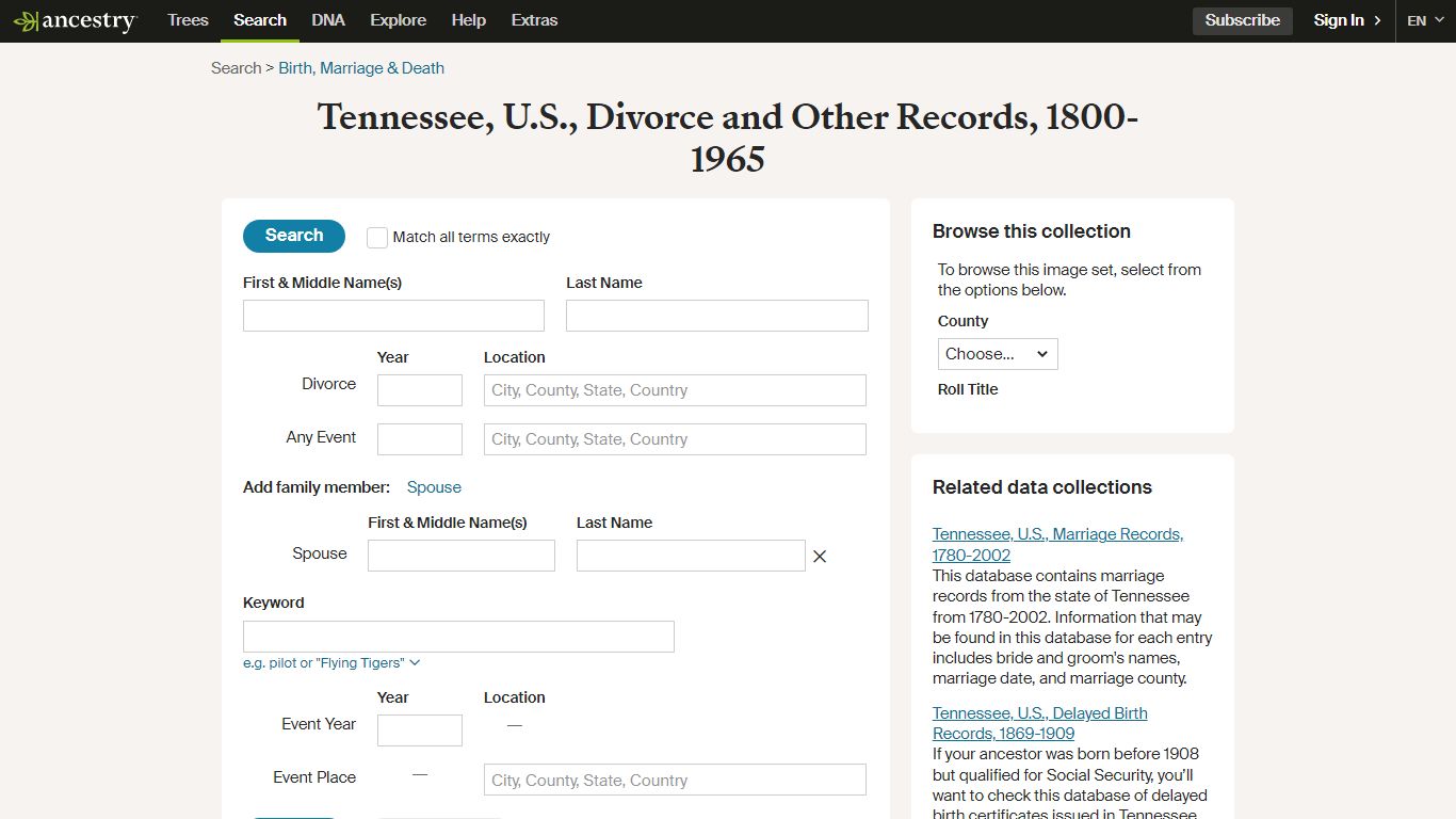 Tennessee, U.S., Divorce and Other Records, 1800-1965
